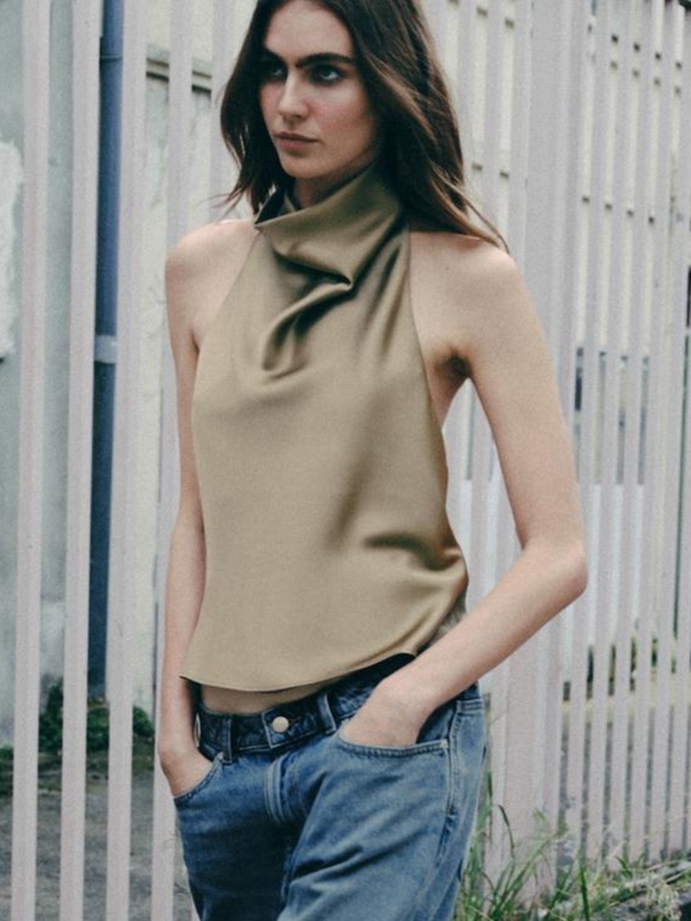 Zara Satin Halter Top in Olive Green Small